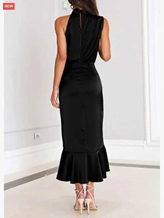 Satin Mock Neck Wrap Midi Dress Sleeveless Formal Cocktail Party - Picture 5 of 7